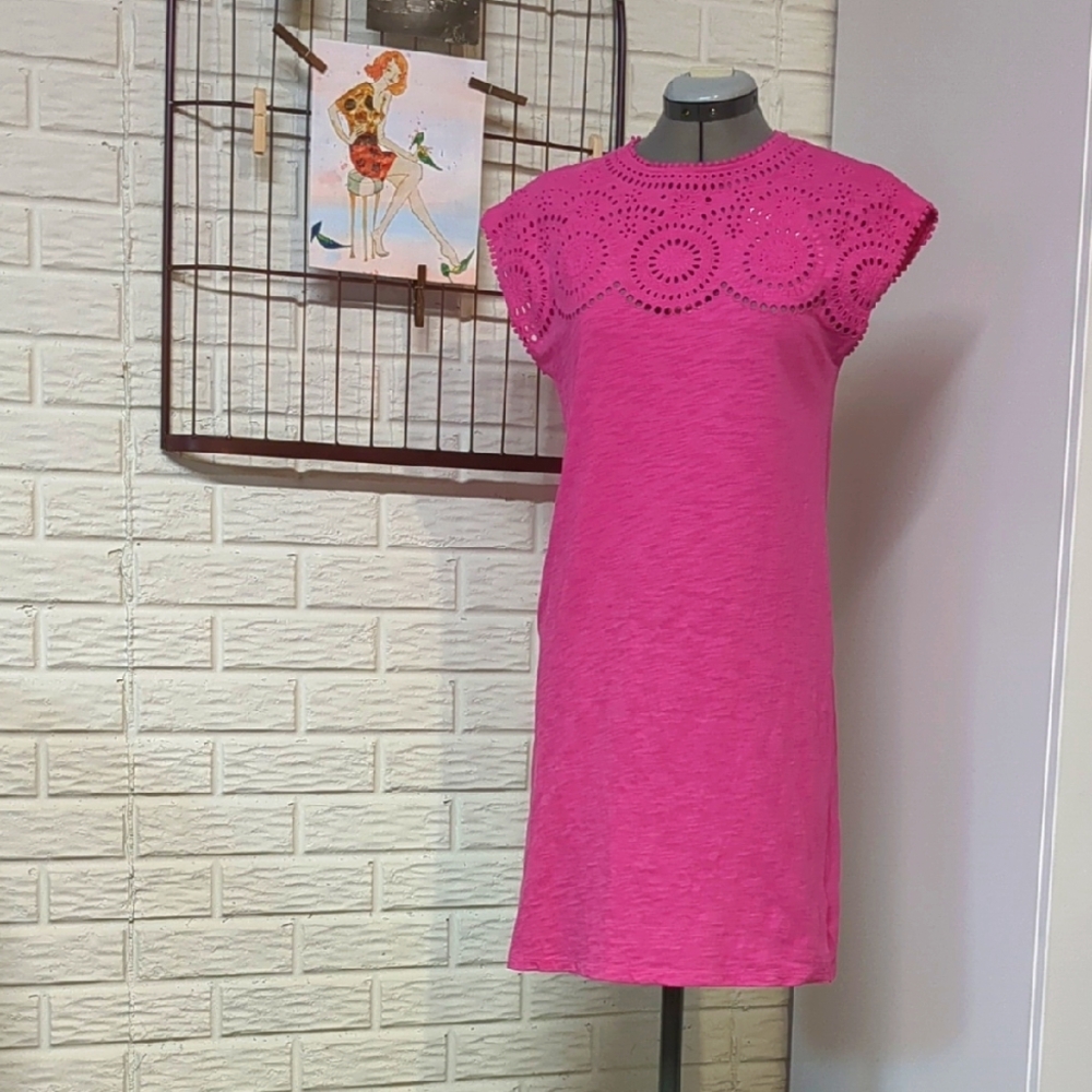 Boden Pink Eyelet Knit Tshirt Shift Dress 2 XS